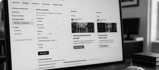 Google Ads für Anwälte: A/B-Test zweier Anzeigen für einen Fachanwalt für Arbeitsrecht im Kampagnen-Manager