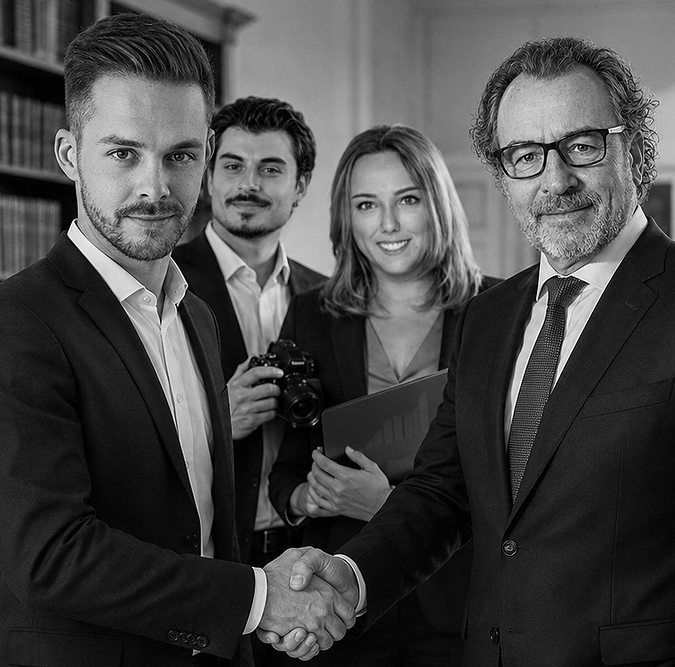 Kanzleimarketing für Anwälte: Anwaltsteam vor einem Bücherregal, zwei Anwälte reichen sich die Hand