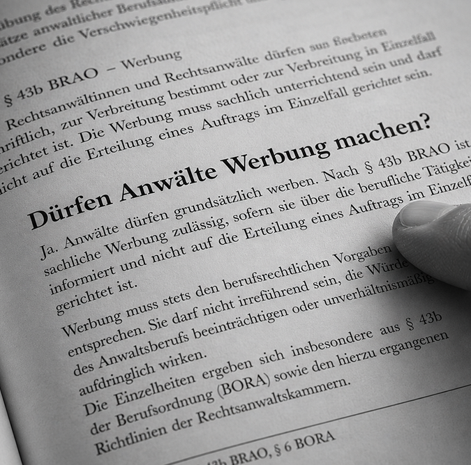 Anwaltswerbung: Buchseite „Dürfen Anwälte Werbung machen?“ mit dem Wortlaut von § 43b BRAO