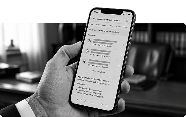 SEO für Anwälte: Smartphone mit Google-Suche nach „Rechtsanwalt Arbeitsrecht München“ und Kanzlei-Treffern