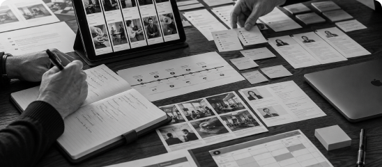 Social Media für Rechtsanwälte: Kampagnenplanung mit Storyboard, Fotos, Karteikarten und Tablet