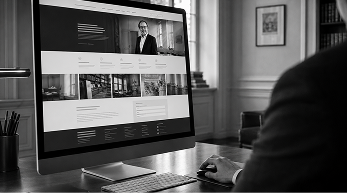 Webdesign für Rechtsanwälte: Monitor zeigt die neue Website einer Anwaltskanzlei mit Team- und Kanzleifotos