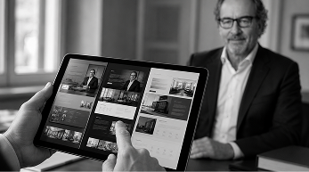 Kanzleimarketing aus einer Hand: Tablet mit Social-Media-Videos einer Kanzlei, im Hintergrund ein Anwalt