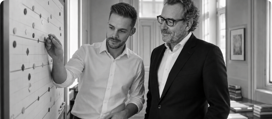 Strategisches SEO für Anwälte: Berater erklärt einem Anwalt die Strategie an einer Pinnwand